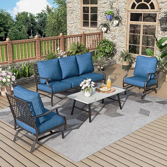 Patio Furniture Set 4 pcs, Outdoor Patio Furniture, 3-Seat Sofa, 2 Rocking Chairs, Coffee Table and 5.75" Extra Thick Cushion, Conversation Set for Backyard Deck, Gemstone Blue