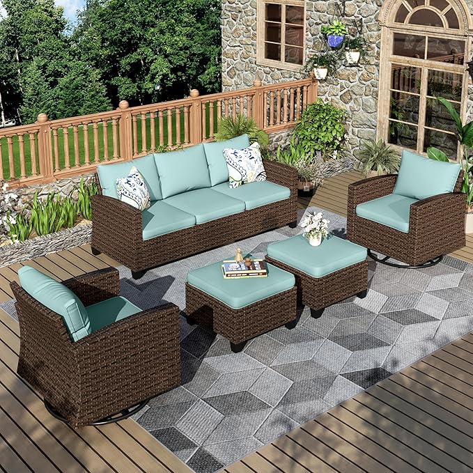 Swivel Glider Patio Furniture Set, 5 Pcs Wicker Outdoor Conversation Set, 2 x Swivel Chairs, 1 x 3 Seater Sofa and 2 x Ottoman, Blue