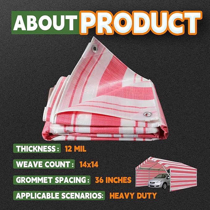 RAINDEWAY Tarps 8x10 Feet,12 Mil Sunshade Striped Tarp Waterproof,Multipurpose Poly Tarp Cover with Grommets and Reinforced Edges,Red/White Tarps