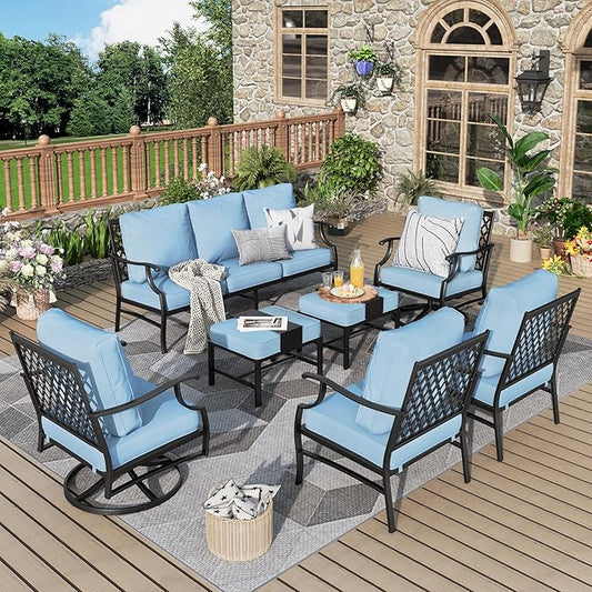 Patio Furniture Set 7 pcs, Outdoor Patio Furniture, 3-Seat Sofa, 2 Single Chairs, 2 Swivel Chairs, 2 Ottomans and 5.75" Extra Thick Cushion, Patio Conversation Set for Backyard Deck,Blue