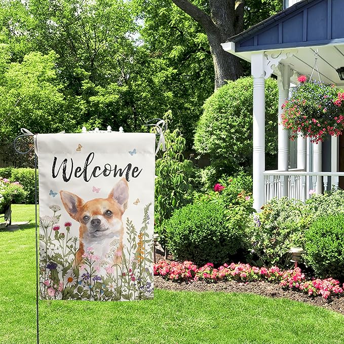 Floral Chihuahua Garden Flag Spring Summer Yard Flag Flower Dog Garden Flags for Outside Small Outdoor Welcome Flags 12x18 Double Sided