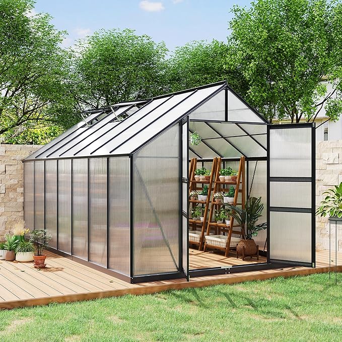Greenhouses for Outdoors, Polycarbonate Greenhouse with Quick Setup Structure & Roof Vent, Heavy Duty Frame Walk-in Green Houses for Outside Garden Backyard