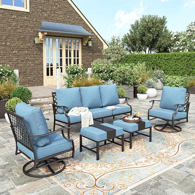 HERA'S HOUSE 5 Piece Patio Furniture Set, 2 x Swivel Chair, 2 x Ottoman, 1 x 3-Seat Sofa, All Cushioned 7 Seats Metal Outdoor Conversation Set for Lawn Garden Backyard