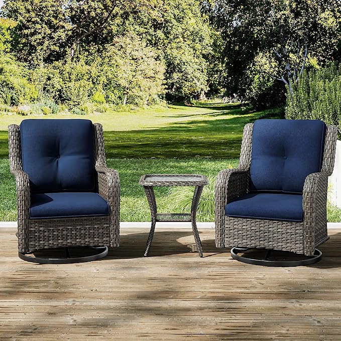 Joyside Outdoor Swivel Rocker Patio Chairs Set of 2 and Matching Side Table - 3 Piece Wicker Patio Bistro Set with Premium & Soft Fabric Cushions(Mixed Grey/Blue)