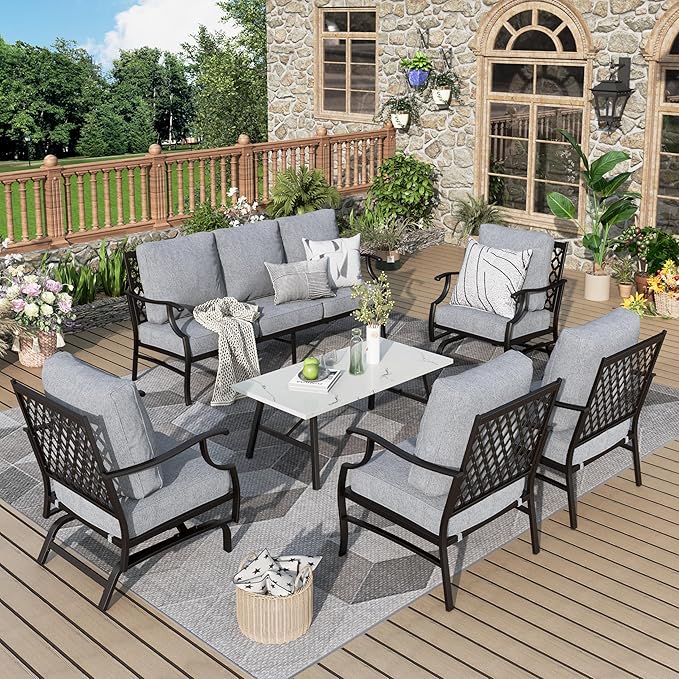Patio Furniture Set 6 pcs, Outdoor Patio Furniture, 1 X 3-Seat Sofa, 2 X Single Chairs, 2 X Rocker Chairs, 1 X Coffee Table and 5.75" Extra Thick Cushion, Patio Conversation Set,Grey