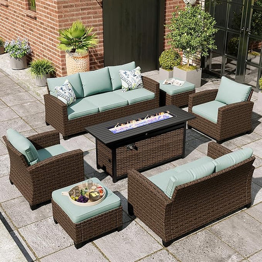 Patio Furniture Set, 7 Pcs Wicker Rattan Outdoor Conversation Set, 2 x Leg Chairs, 1 x 3 Seater Sofa, 1 x 2-Seat Lover Sofa and 2 x Ottomans with 4" Thick Cushion and 56" Fire Pit Table, Blue