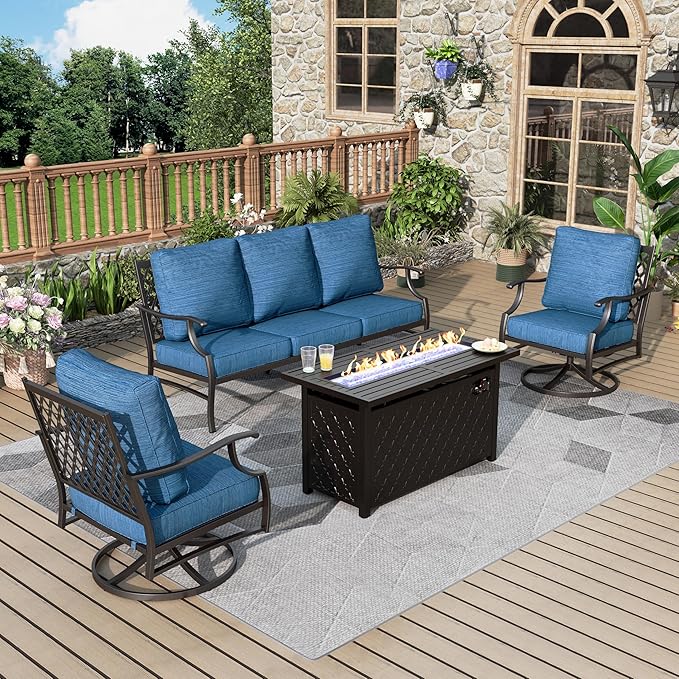 Patio Furniture Set, 4 Pcs Metal Outdoor Conversation Set, 2 Swivel Chairs and 3 Seater Sofa with 5.75" Extra Thick Cushion and Gas Fire Pit Table for Backyard Deck, Gemstone Blue