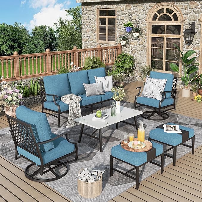 Patio Furniture Set 6 pcs, Outdoor Patio Furniture, 3-Seat Sofa, 2 Swivel Chairs, 2 Ottomans, Coffee Table and 5.75" Extra Thick Cushion, Conversation Set for Backyard Deck, Navy Blue