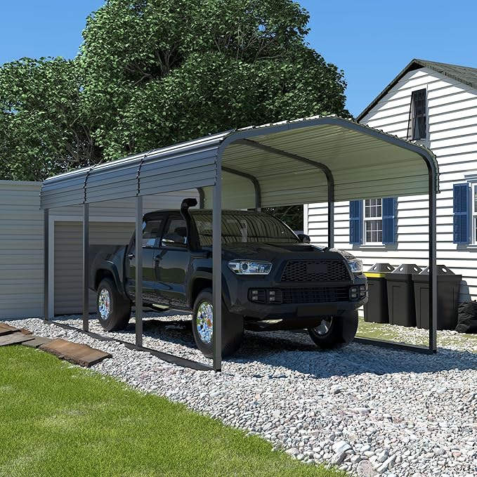 10x15 FT Heavy Duty Metal Carport, Car Port Canopy with Metal Roof, Garage Car Shelter Shade for Outdoor, Car, Truck, Boat, Gray