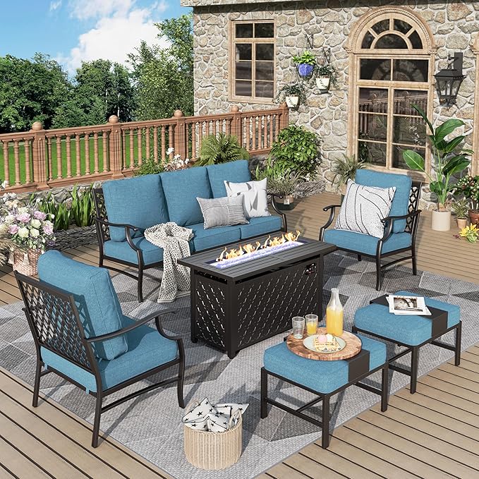 Patio Furniture Set, 6 Pcs Metal Outdoor Conversation Set, 2 Single Chairs, 2 Ottomans and 3 Seater Sofa with 5.75" Extra Thick Cushion and Gas Fire Pit Table, Navy Blue