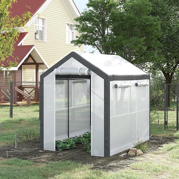 Outsunny 8' x 6' x 7.5' Walk-in Greenhouse, Outdoor Gardening Canopy with 6 Roll-up Windows, 2 Zippered Doors & Weather Cover, White