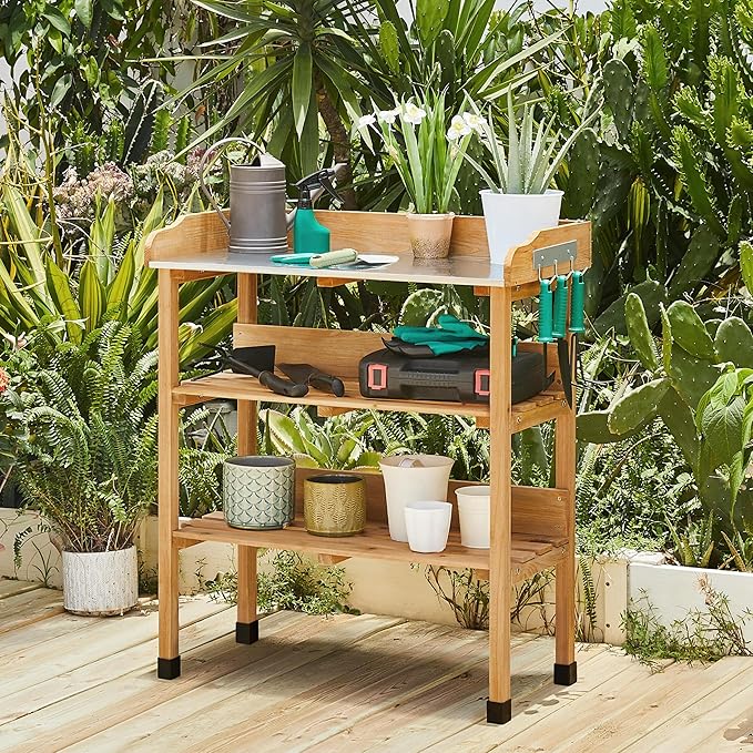 Yaheetech Outdoor Garden Potting Bench Table Wooden Horticulture Planting Worstation w/Metal Tabletop/Storage Shelf/3 Hooks, Natural Wood