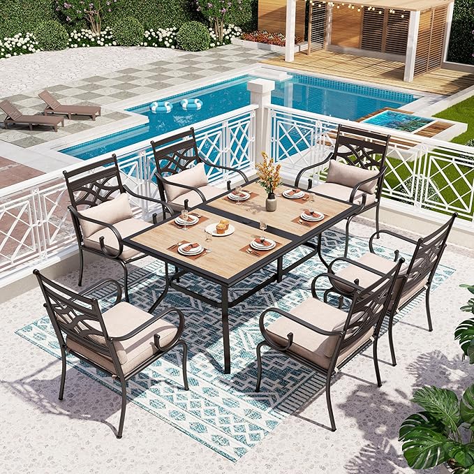 PHI VILLA Patio Dining Set for 6, 7 PCS Outdoor Dining Sets - 1 Rectangle 37x60in Dining Table (1.57" Umbrella Hole) & 6 Patio Dining Chairs,Metal Patio Furniture for Outdoor Kitchen Lawn and Garden