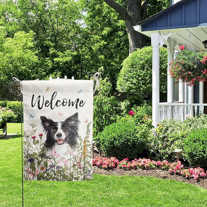 Floral Border Collie Garden Flag Spring Summer Yard Flag Flower Dog Garden Flags for Outside Small Outdoor Welcome Flags 12x18 Double Sided