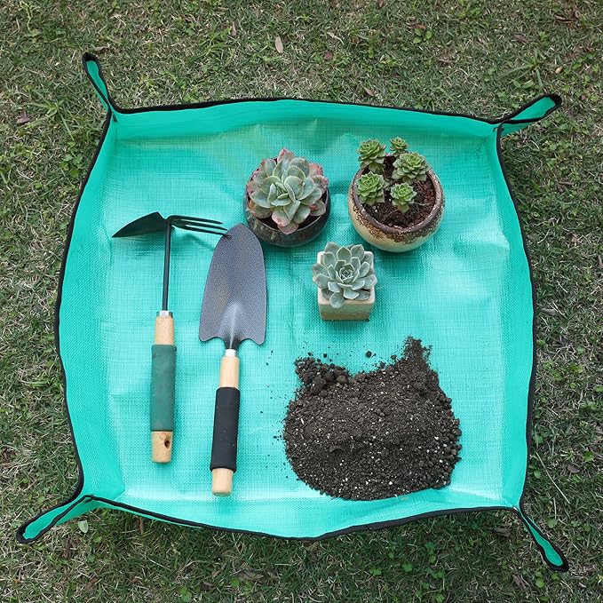 PE Houseplants Repotting Mat, Waterproof Indoor Plant Potting Tray, Foldable Bonsai Repotting Pad, Garden Soil Mess Workspace Tarp for Succulent, Cactus, Aloe Vers, Pothos, 39.4X 39.4